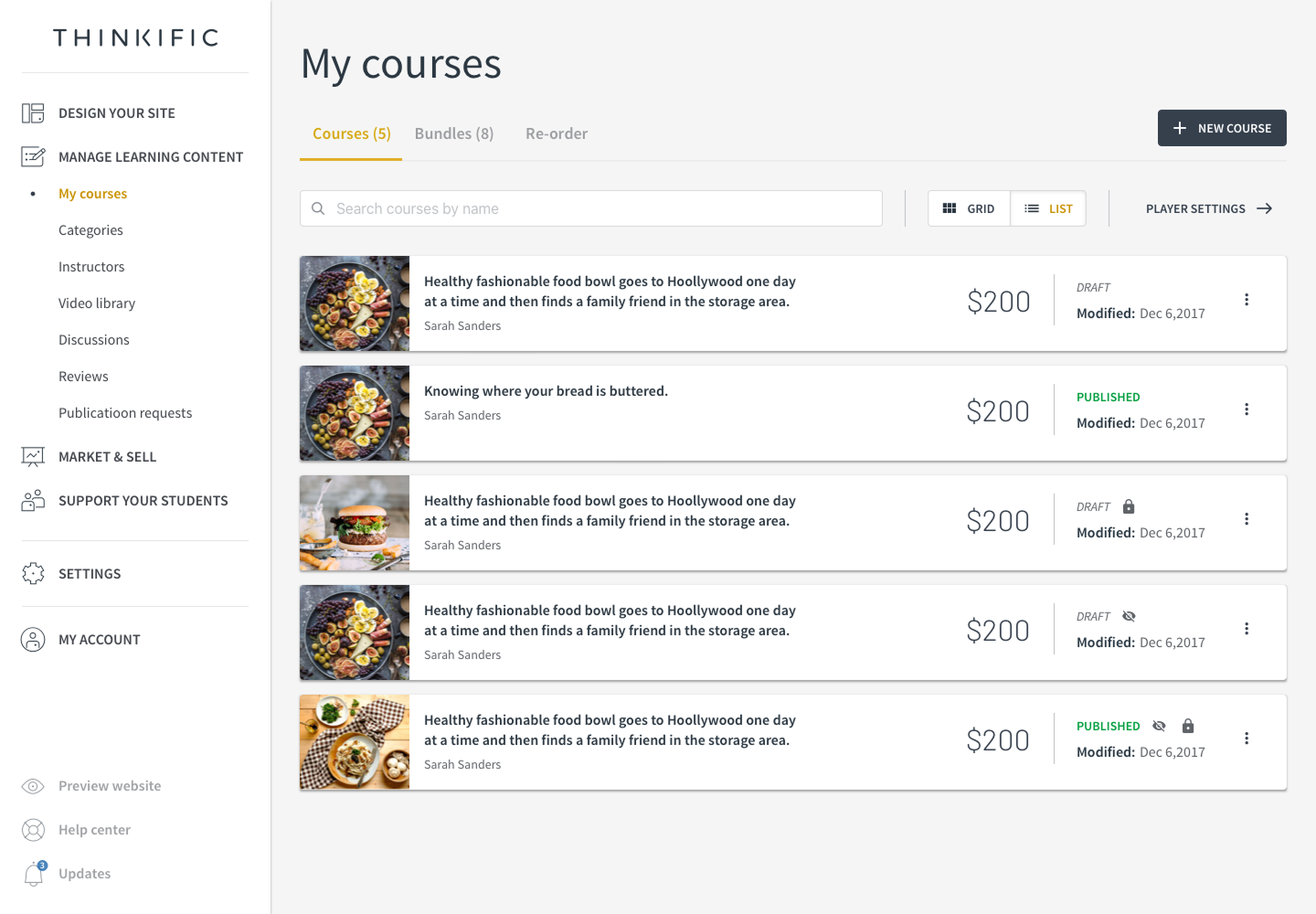 Thinkific My Courses view with multi-level left-hand navigation