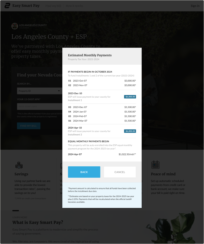 Easy Smart Pay — estimated monthly payments calculator modal