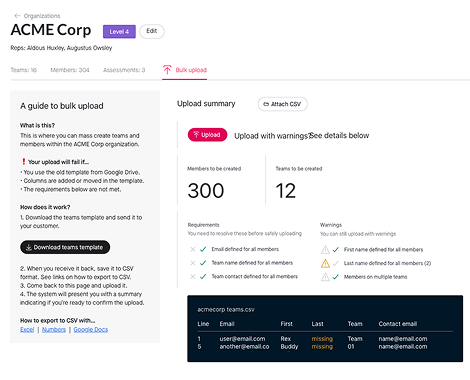 Bulk-upload admin tool: CSV upload summary showing members and teams to be created, with requirements and warnings validation before confirming