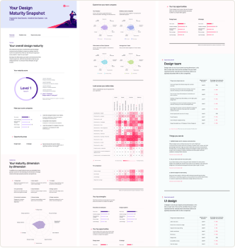 Design Maturity Snapshot report: overall maturity score, dimension-by-dimension breakdown, peer comparison, and per-team opportunity areas