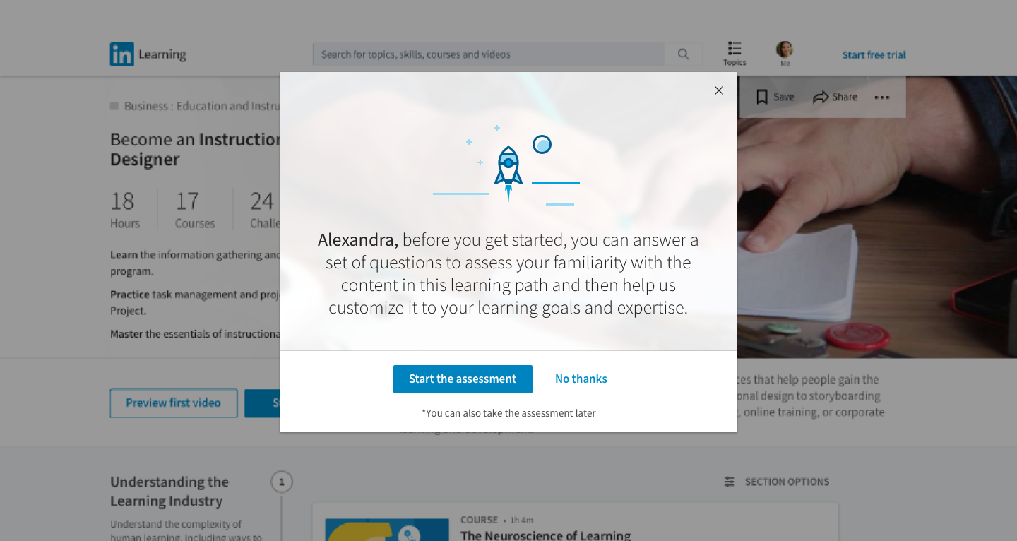 LinkedIn Learning — Learning Path pre-assessment modal prompting the learner to gauge familiarity before starting