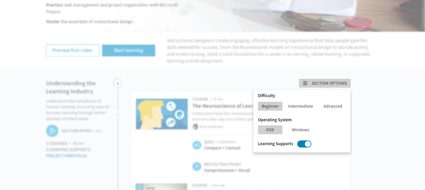 LinkedIn Learning — Learning Path difficulty selector with Beginner/Intermediate/Advanced, OS, and Learning Supports toggle