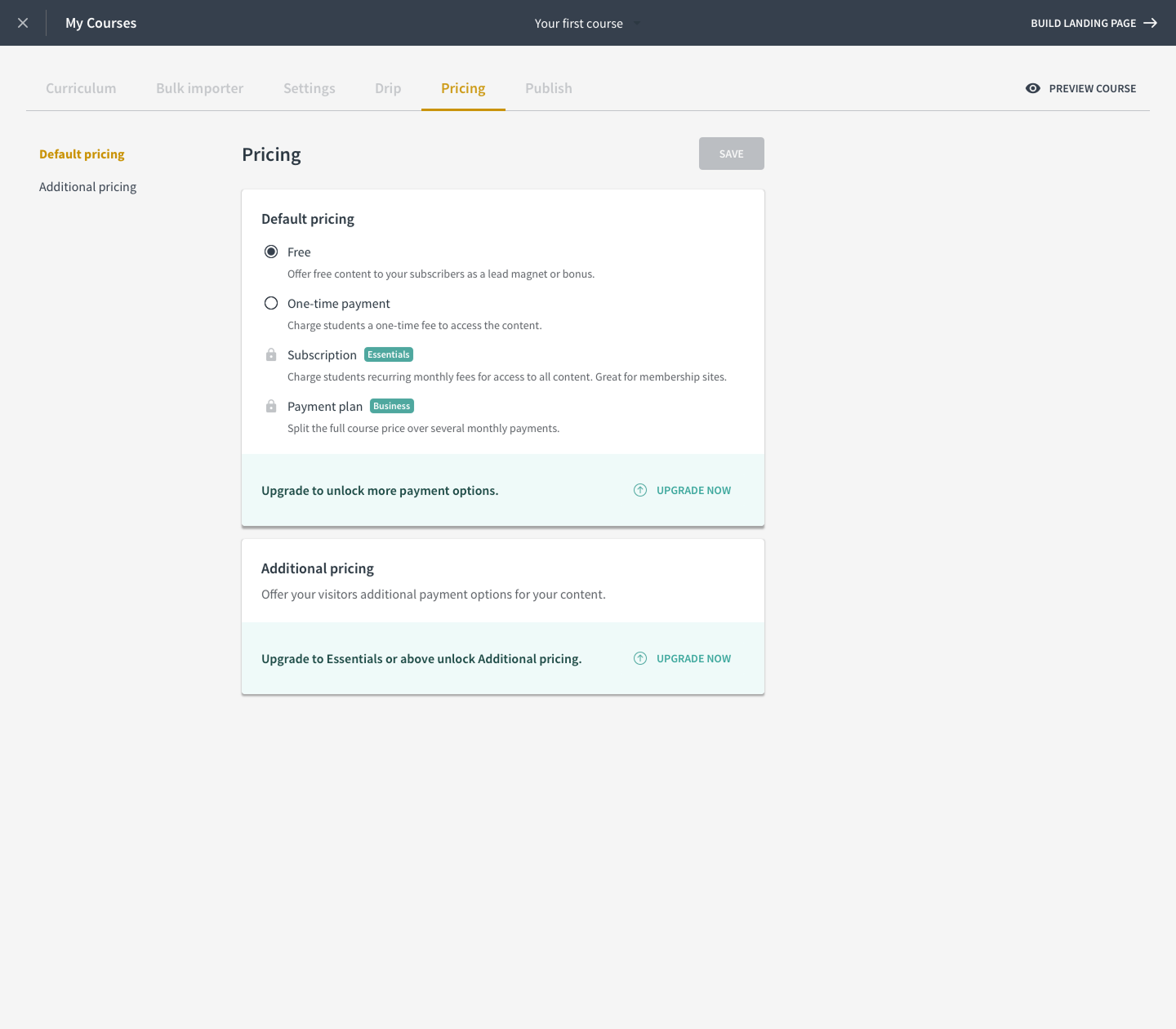 Student billing options — course pricing settings: free, one-time, subscription, payment plan