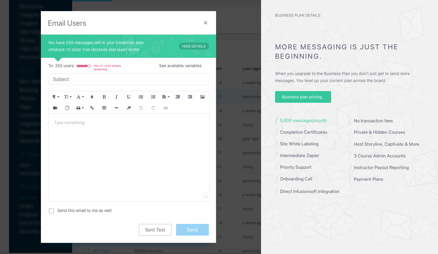 Bulk email upsell — Email Users composer with Business Plan upgrade panel